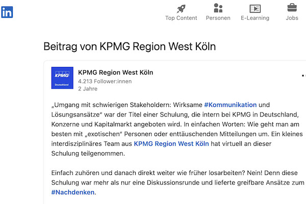 Feedback LinkedIn KPMG Region West Köln